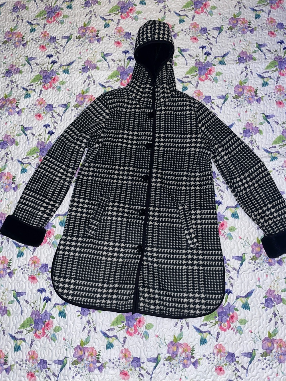 IKE BEHAR M Black & White Houndstooth Hooded Coat